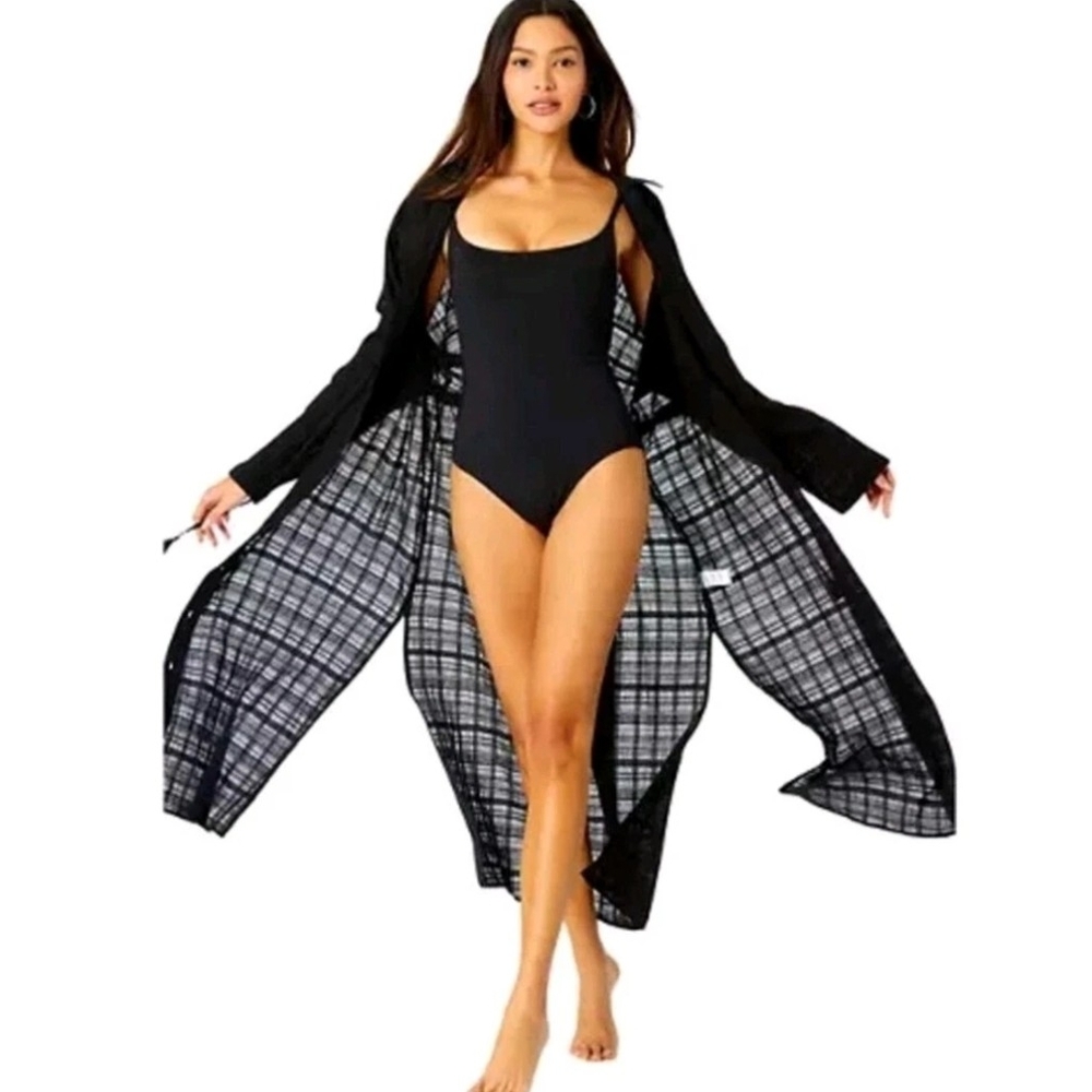 Anne Cole Women's Cotton Tie Waist Cover-up Shirtdress In Moonless Night Black - Picture 2 of 8